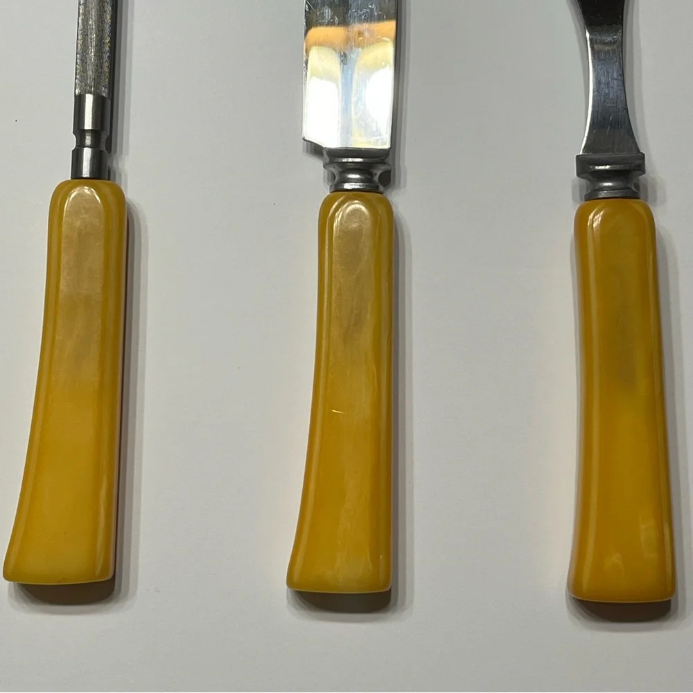 Vintage MCM Stainless Steel 3 Piece Carving Set With Bakelite Handles